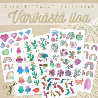 Käsinmaalattuja leikekuvia askarteluun ja kalenterituunaukseen – kukkia, lintuja, pöllöjä, jalokiviä ja muita värikkäitä elementtejä